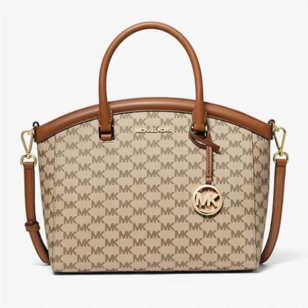 NWT Michael Kors Yara Natural/Luggage Tan/Brown Large Logo Satchel Bag